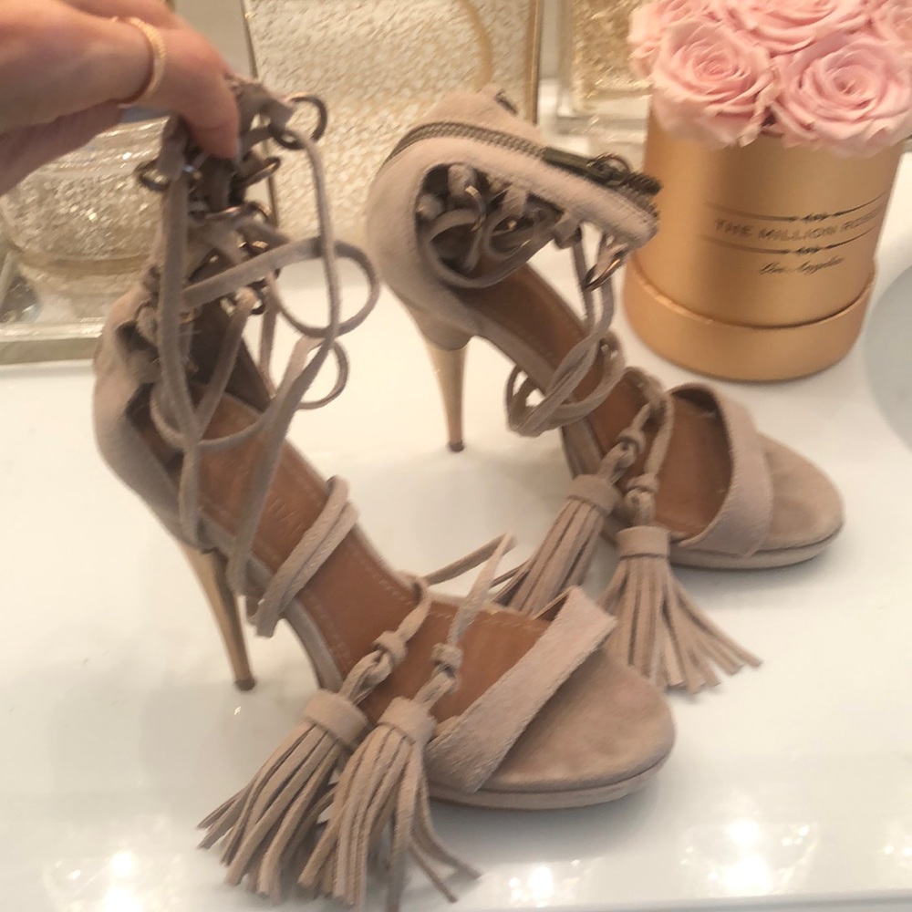 Colin Stuart Nude Suede Ankle Strap High Gold Heel Sandals 6